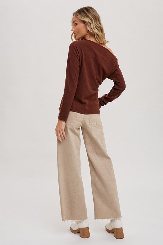Off Shoulder Knit Pullover - Hazelnut-Sweater- Hometown Style HTS, women's in store and online boutique located in Ingersoll, Ontario