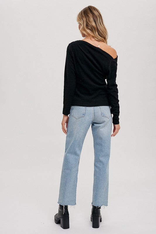 Off Shoulder Knit Pullover - Black-Sweater- Hometown Style HTS, women's in store and online boutique located in Ingersoll, Ontario