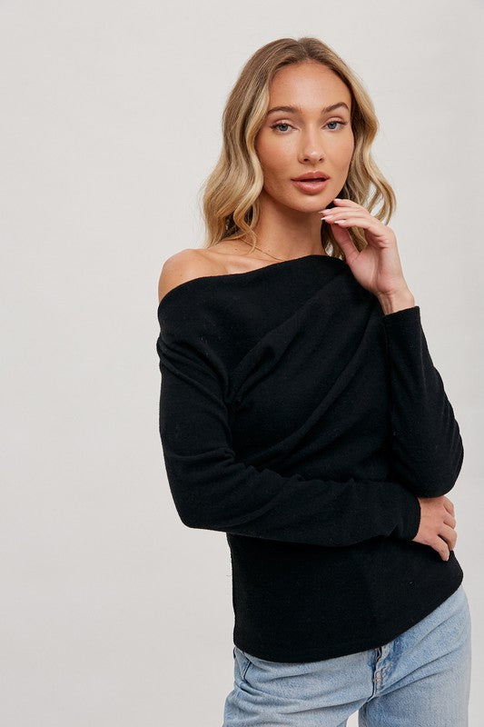 Off Shoulder Knit Pullover - Black-Sweater- Hometown Style HTS, women's in store and online boutique located in Ingersoll, Ontario