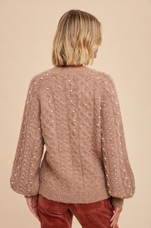 Cable Sweater with Pearl Details - Taupe-Sweater- Hometown Style HTS, women's in store and online boutique located in Ingersoll, Ontario