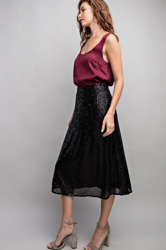 Sequin Midi Skirt - Black-Skirt- Hometown Style HTS, women's in store and online boutique located in Ingersoll, Ontario