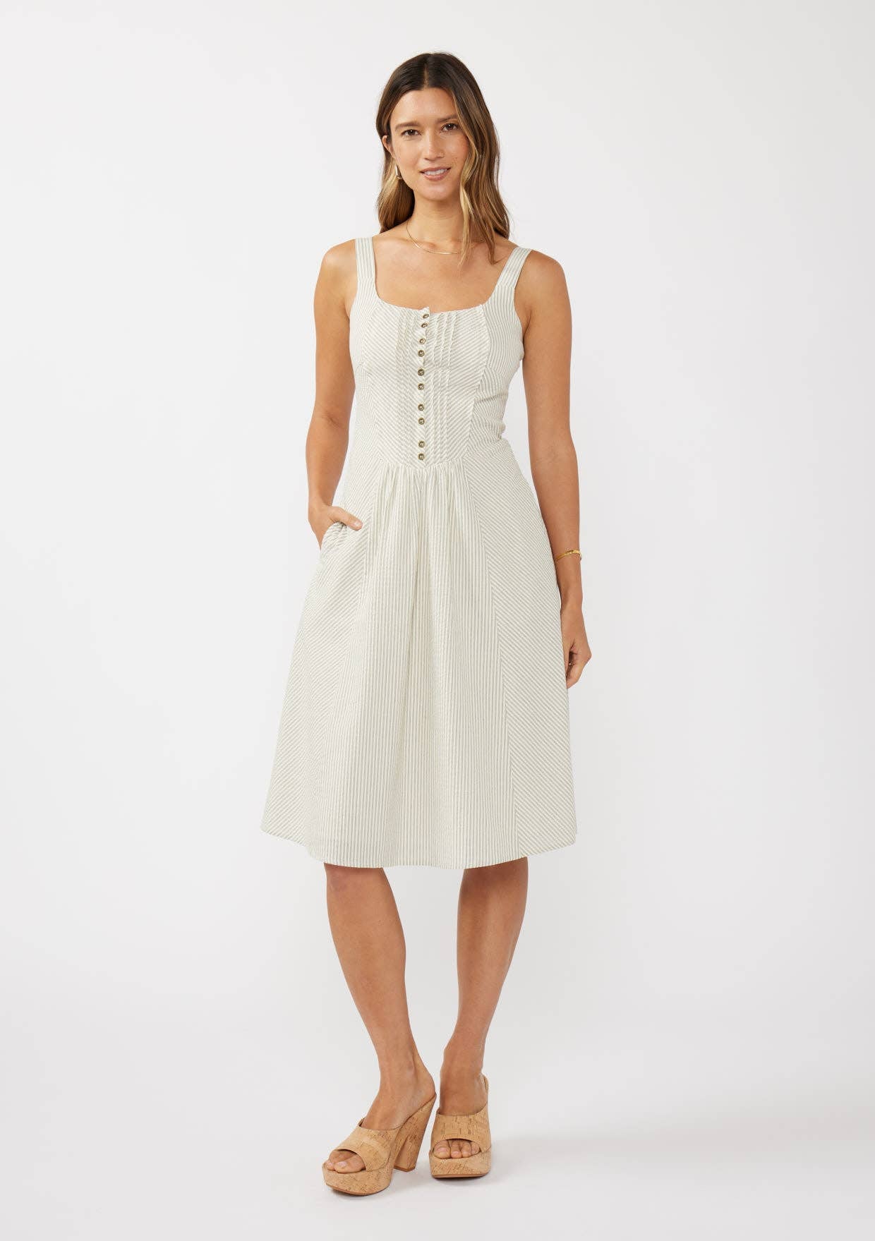 Round Neck Button-Down Corset Midi Dress - Ivory-Dress- Hometown Style HTS, women's in store and online boutique located in Ingersoll, Ontario