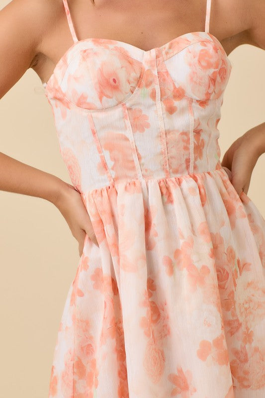 Corset Midi Floral Dress - Tangerine-dress- Hometown Style HTS, women's in store and online boutique located in Ingersoll, Ontario