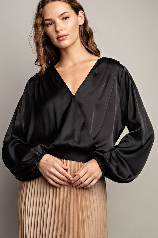 Silky Surplice Blouse - Black-blouse- Hometown Style HTS, women's in store and online boutique located in Ingersoll, Ontario