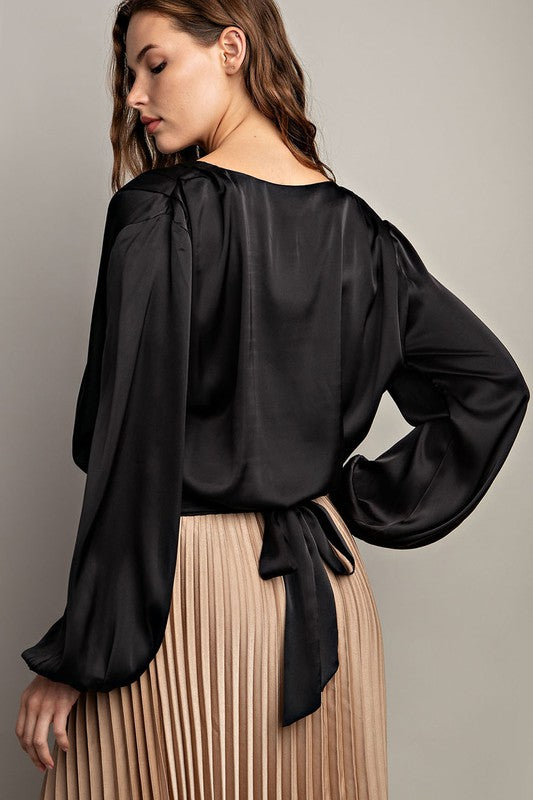 Silky Surplice Blouse - Black-blouse- Hometown Style HTS, women's in store and online boutique located in Ingersoll, Ontario