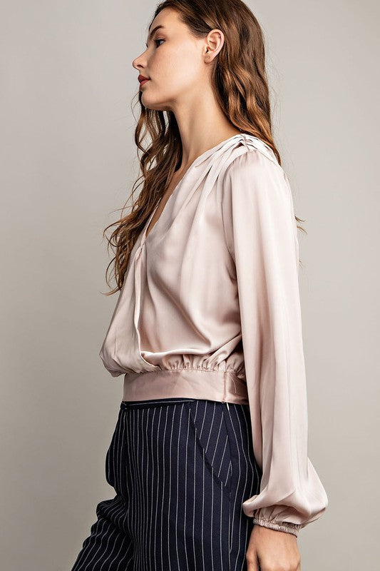 Silky Surplice Blouse - Champagne-blouse- Hometown Style HTS, women's in store and online boutique located in Ingersoll, Ontario