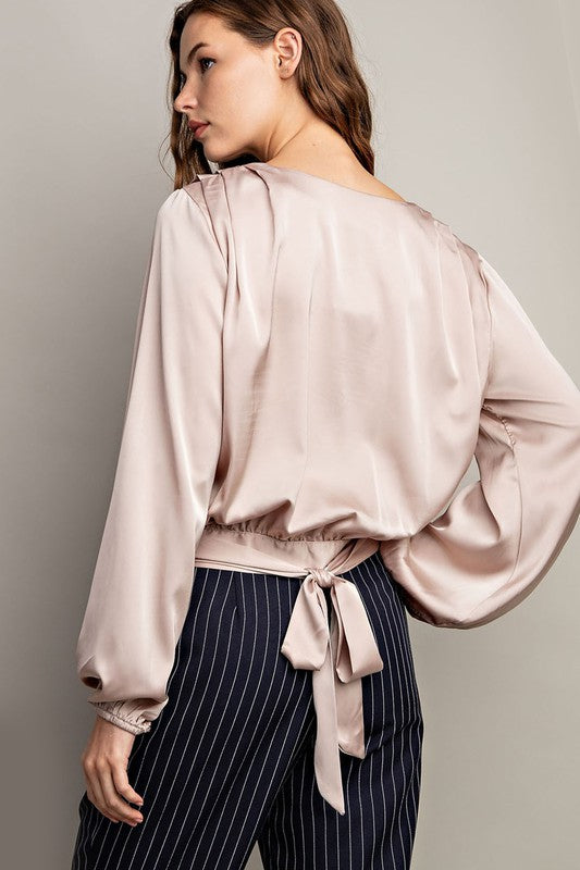 Silky Surplice Blouse - Champagne-blouse- Hometown Style HTS, women's in store and online boutique located in Ingersoll, Ontario