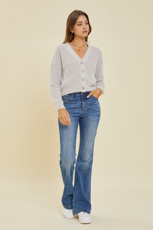 Fuzzy Ribbed Cardi - Silver-cardigan- Hometown Style HTS, women's in store and online boutique located in Ingersoll, Ontario