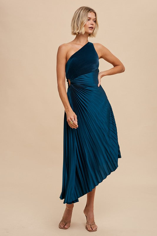 One Shoulder Pleated Dress - Emerald Teal-Dress- Hometown Style HTS, women's in store and online boutique located in Ingersoll, Ontario
