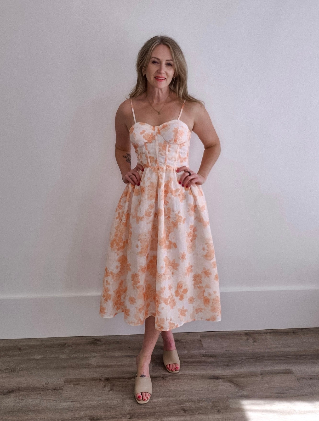 Corset Midi Floral Dress - Tangerine-dress- Hometown Style HTS, women's in store and online boutique located in Ingersoll, Ontario