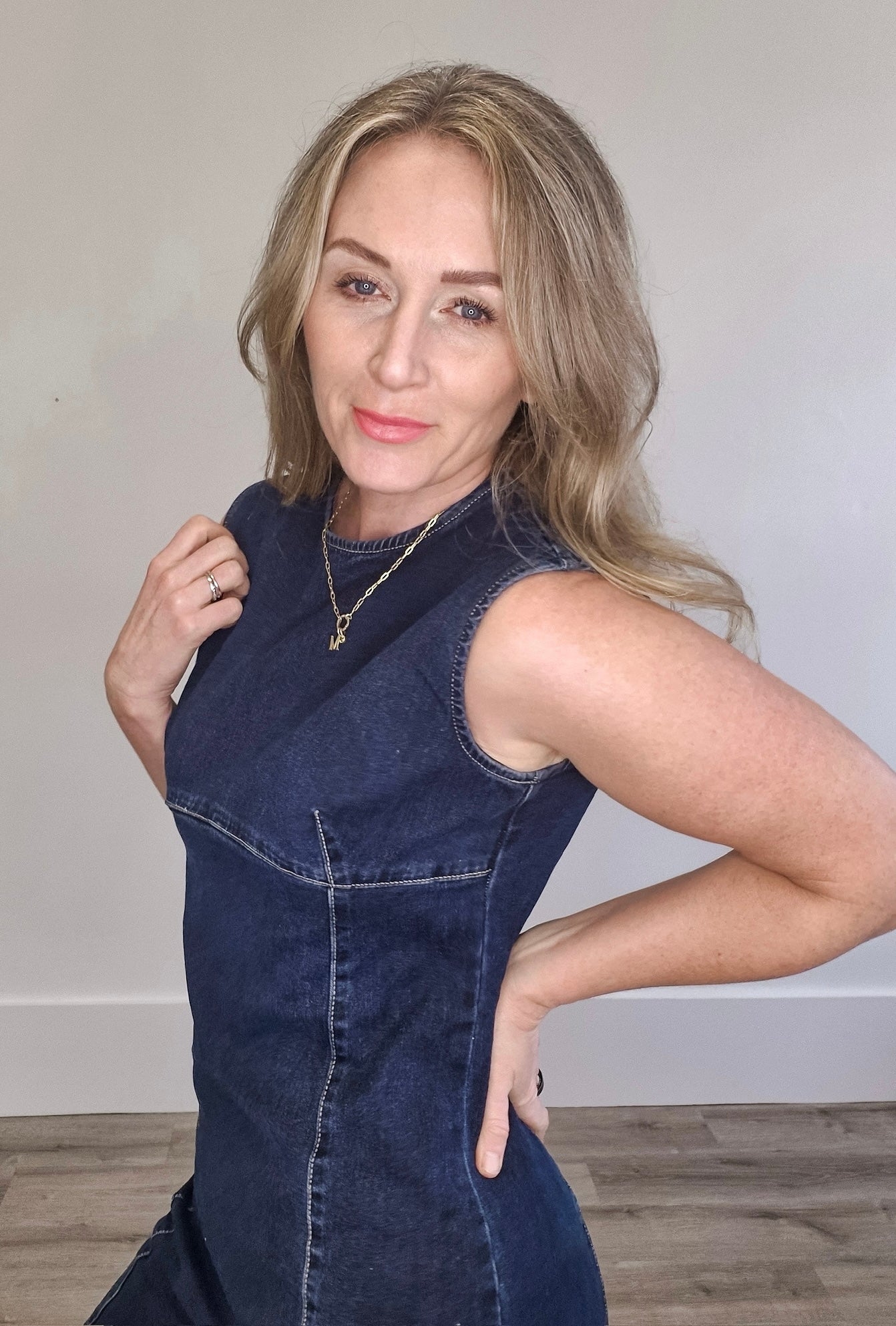 Sleeveless Denim Midi with back Zip-dress- Hometown Style HTS, women's in store and online boutique located in Ingersoll, Ontario