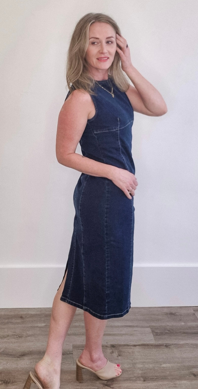 Sleeveless Denim Midi with back Zip-dress- Hometown Style HTS, women's in store and online boutique located in Ingersoll, Ontario