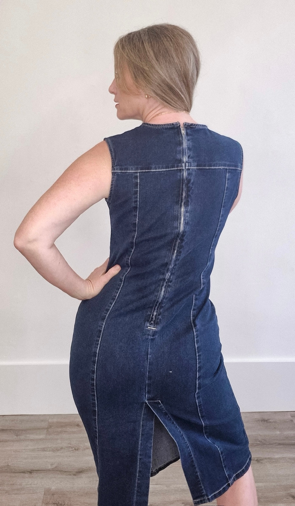 Sleeveless Denim Midi with back Zip-dress- Hometown Style HTS, women's in store and online boutique located in Ingersoll, Ontario