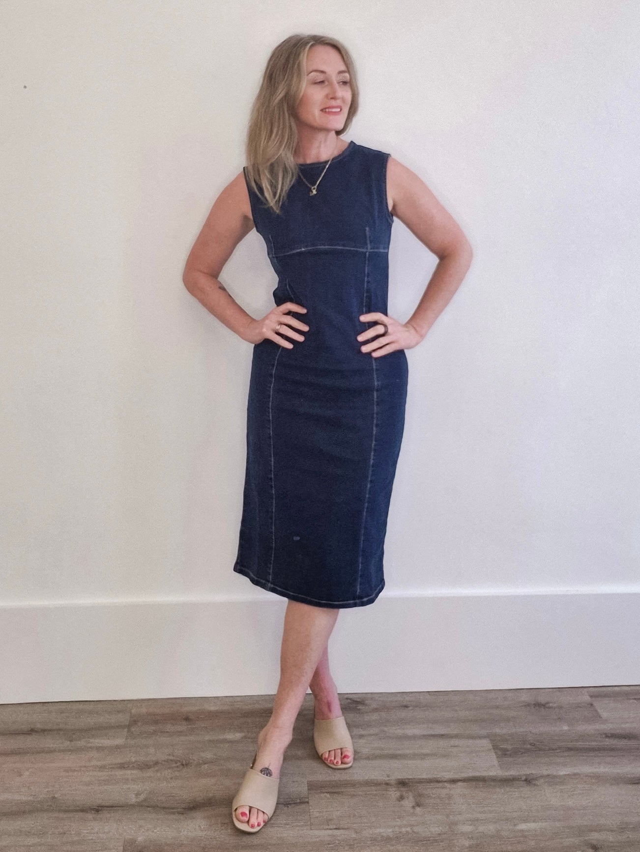 Sleeveless Denim Midi with back Zip-dress- Hometown Style HTS, women's in store and online boutique located in Ingersoll, Ontario