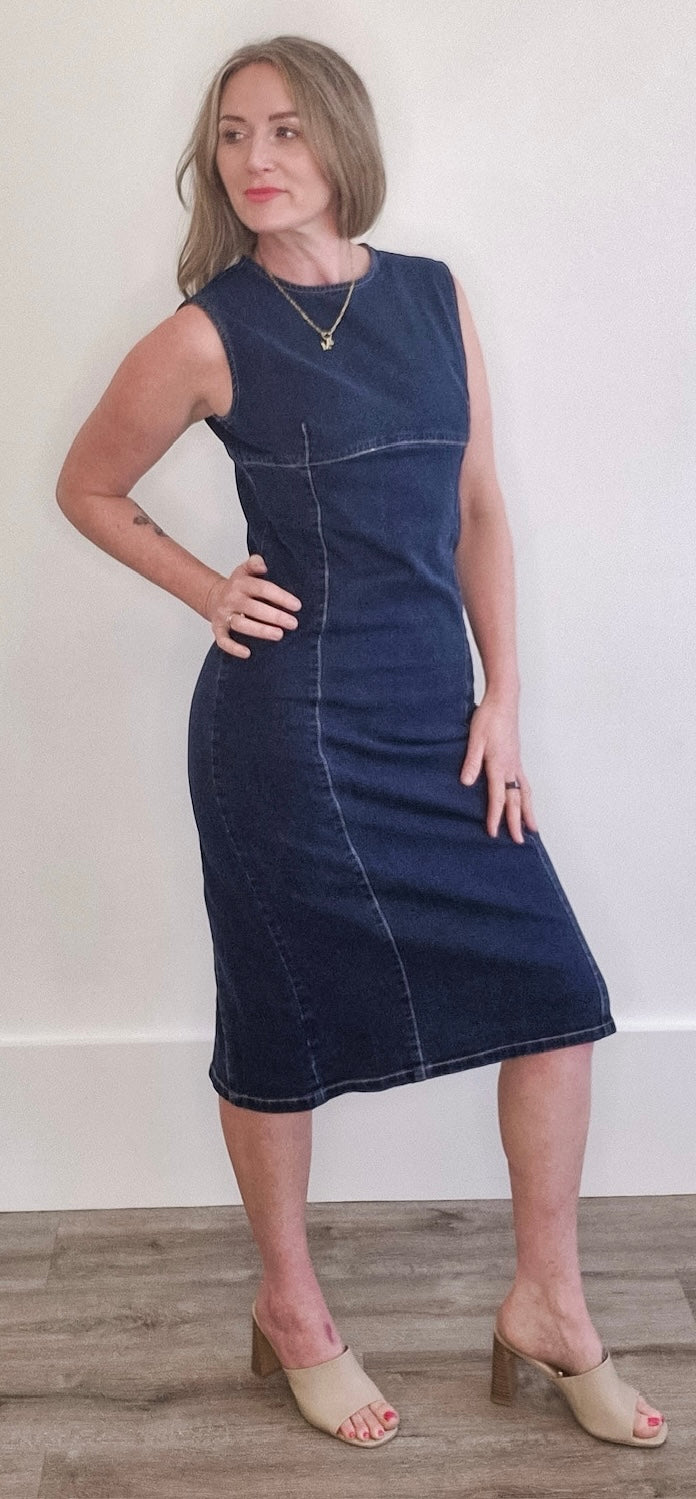 Sleeveless Denim Midi with back Zip-dress- Hometown Style HTS, women's in store and online boutique located in Ingersoll, Ontario