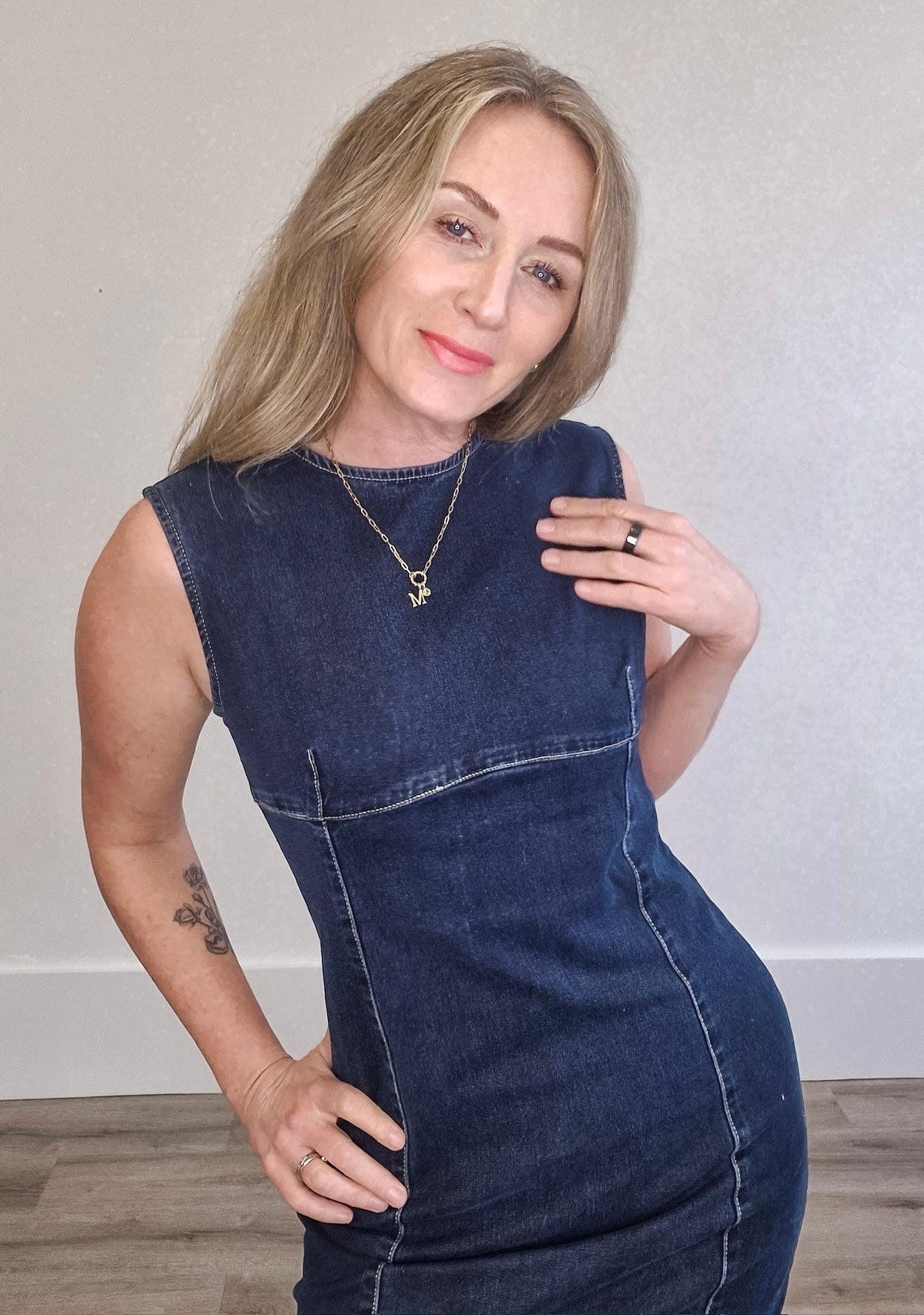 Sleeveless Denim Midi with back Zip-dress- Hometown Style HTS, women's in store and online boutique located in Ingersoll, Ontario