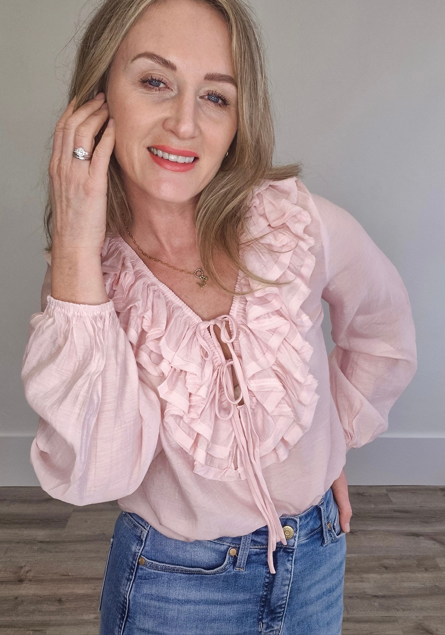 Ruffle Long Sleeve Blouse - Pink- Hometown Style HTS, women's in store and online boutique located in Ingersoll, Ontario