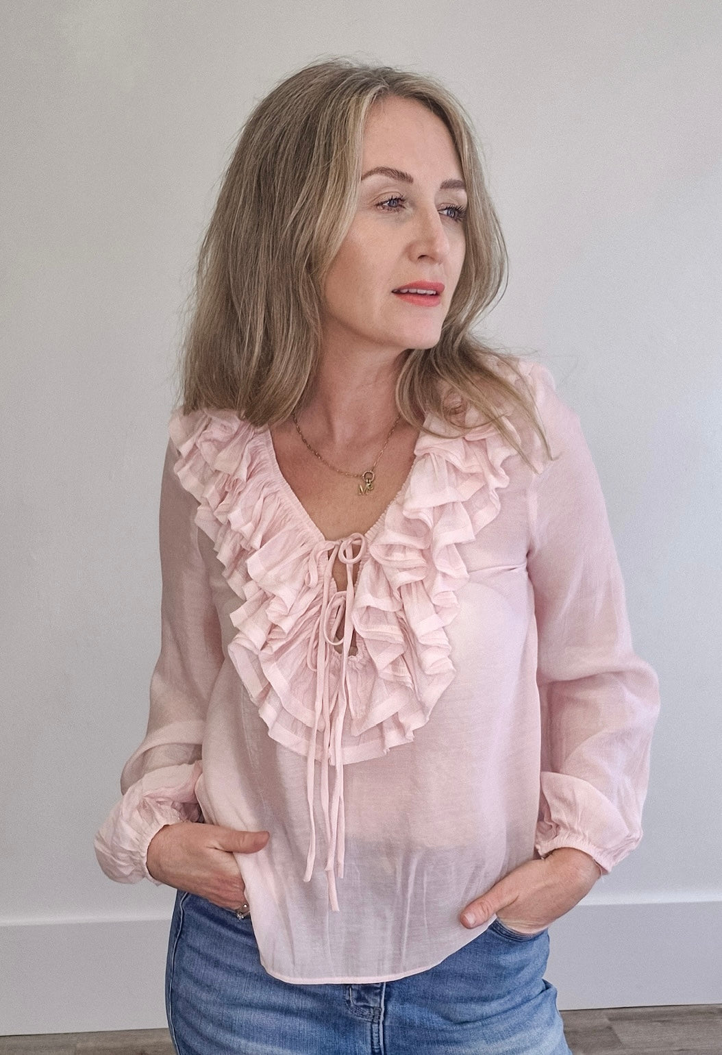 Ruffle Long Sleeve Blouse - Pink- Hometown Style HTS, women's in store and online boutique located in Ingersoll, Ontario
