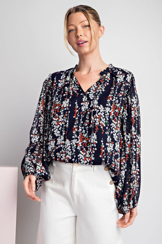 Floral Print Long Sleeve Blouse Navy Hometown Style Inc