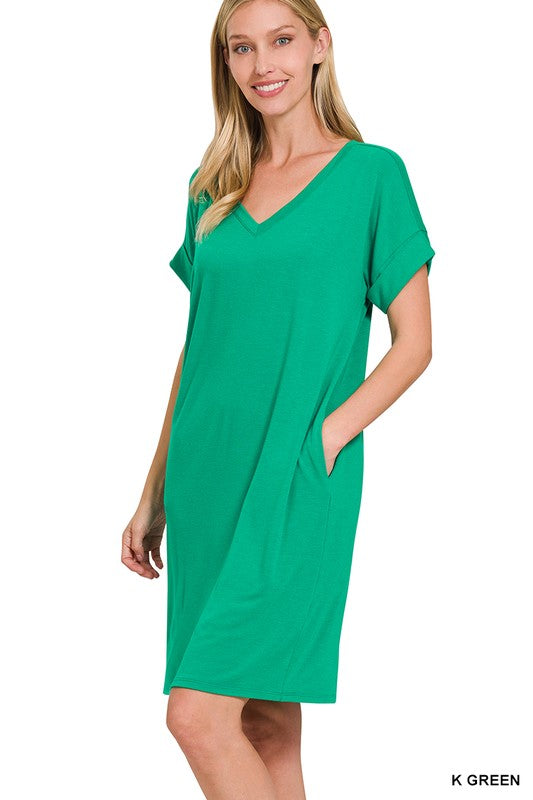 Short Sleeve, V neck Dress - Green-Dress- Hometown Style HTS, women's in store and online boutique located in Ingersoll, Ontario