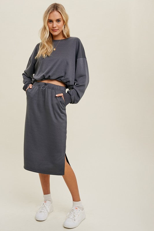 French Terry Pullover - Charcoal-Skirt- Hometown Style HTS, women's in store and online boutique located in Ingersoll, Ontario