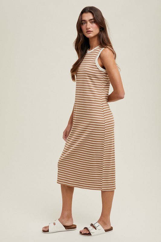 Striped Midi Ribbed Knit Dress - Mocha/Cream-dress- Hometown Style HTS, women's in store and online boutique located in Ingersoll, Ontario
