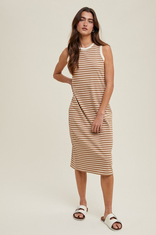 Striped Midi Ribbed Knit Dress - Mocha/Cream-dress- Hometown Style HTS, women's in store and online boutique located in Ingersoll, Ontario