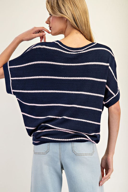Short Sleeve Striped Sweater - Navy-Tops- Hometown Style HTS, women's in store and online boutique located in Ingersoll, Ontario