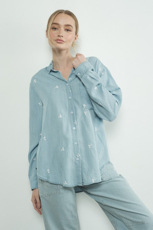 Chambray Button Up with Embroidered Flowers-Tops- Hometown Style HTS, women's in store and online boutique located in Ingersoll, Ontario
