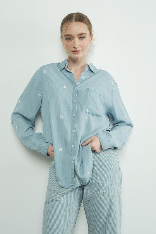 Chambray Button Up with Embroidered Flowers-Tops- Hometown Style HTS, women's in store and online boutique located in Ingersoll, Ontario