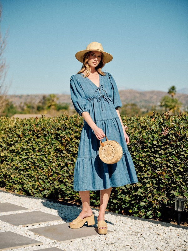 Denim Tiered Midi Dress-dress- Hometown Style HTS, women's in store and online boutique located in Ingersoll, Ontario