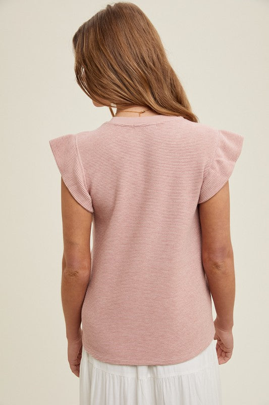 Ruffle Sleeve Waffle Knit Top - Rose-tank- Hometown Style HTS, women's in store and online boutique located in Ingersoll, Ontario