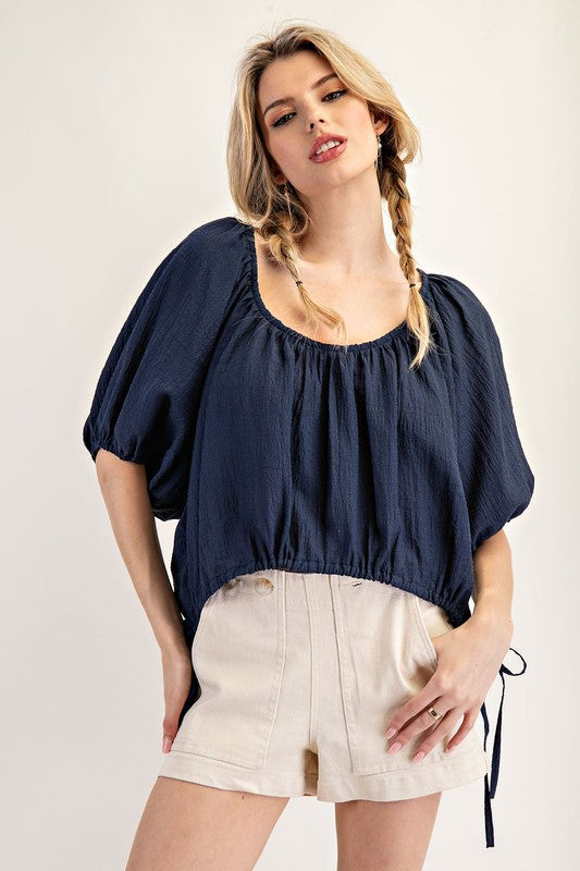 Puff Sleeve Scoop Neck - Navy-blouse- Hometown Style HTS, women's in store and online boutique located in Ingersoll, Ontario