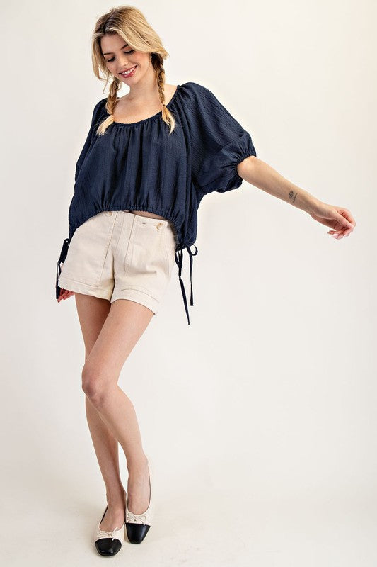 Puff Sleeve Scoop Neck - Navy-blouse- Hometown Style HTS, women's in store and online boutique located in Ingersoll, Ontario