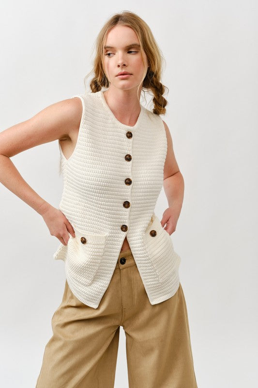 Sweater Button Down Vest - Cream-vest- Hometown Style HTS, women's in store and online boutique located in Ingersoll, Ontario