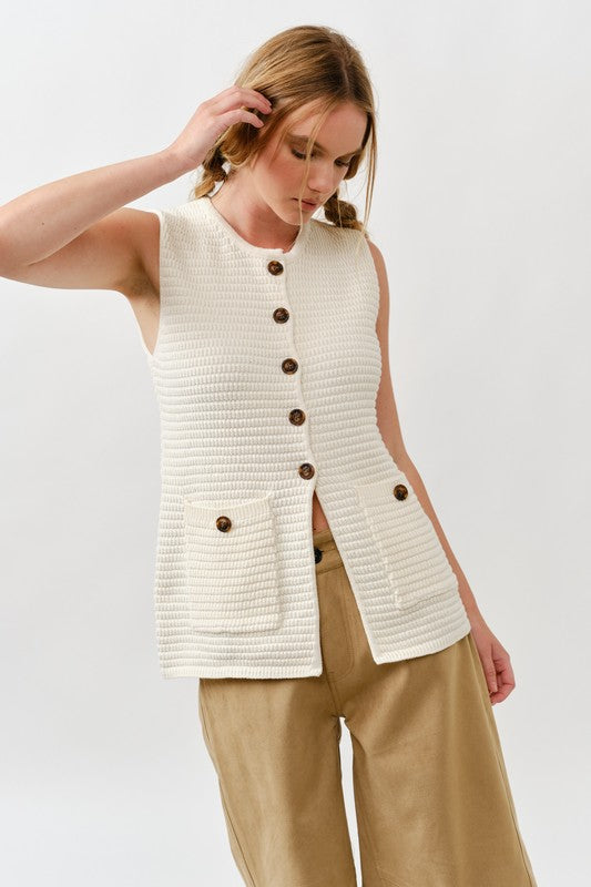 Sweater Button Down Vest - Cream-vest- Hometown Style HTS, women's in store and online boutique located in Ingersoll, Ontario