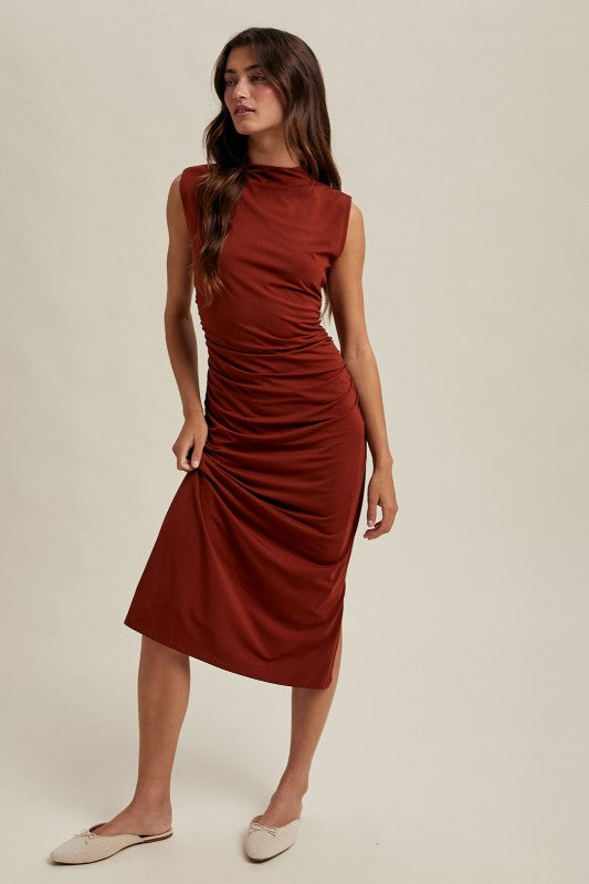 Draped Mock Neck Midi - Rust-dress- Hometown Style HTS, women's in store and online boutique located in Ingersoll, Ontario