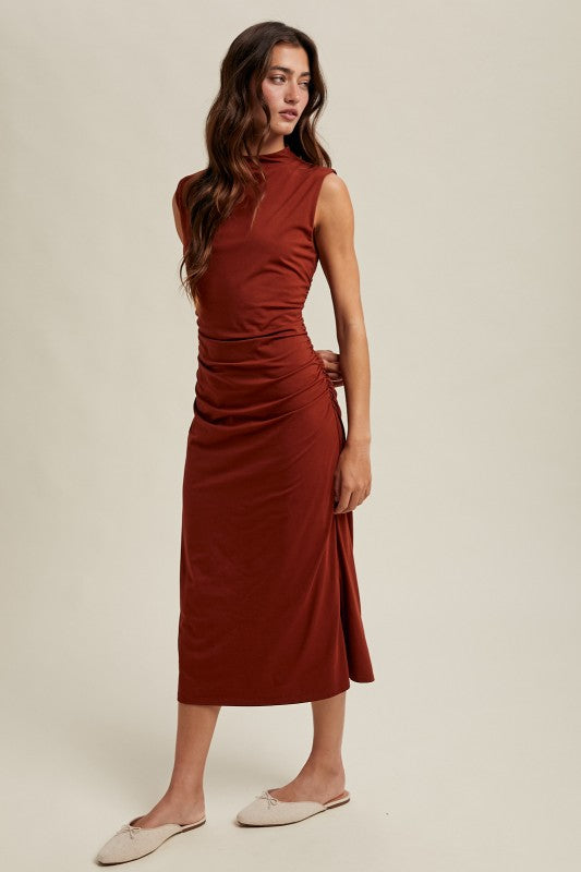 Draped Mock Neck Midi - Rust-dress- Hometown Style HTS, women's in store and online boutique located in Ingersoll, Ontario