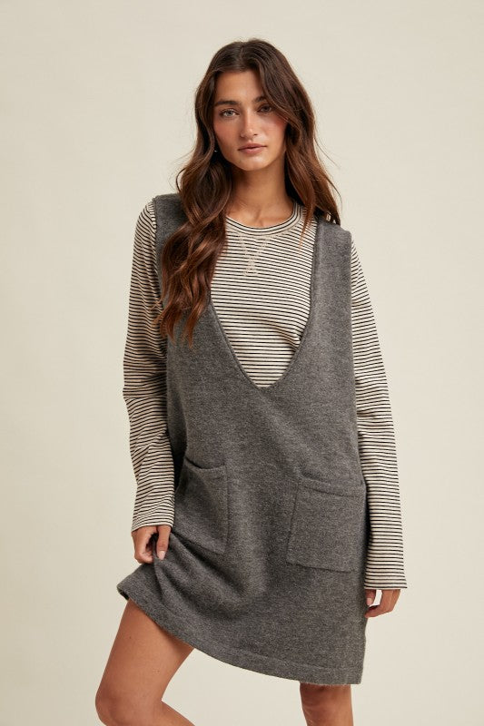 Brushed Knit Sweater Mini Dress - Charcoal-Dress- Hometown Style HTS, women's in store and online boutique located in Ingersoll, Ontario