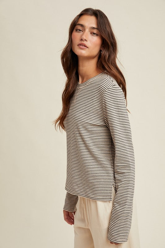 Basic Striped Knit Top - Black/Ecru-long Sleeve- Hometown Style HTS, women's in store and online boutique located in Ingersoll, Ontario