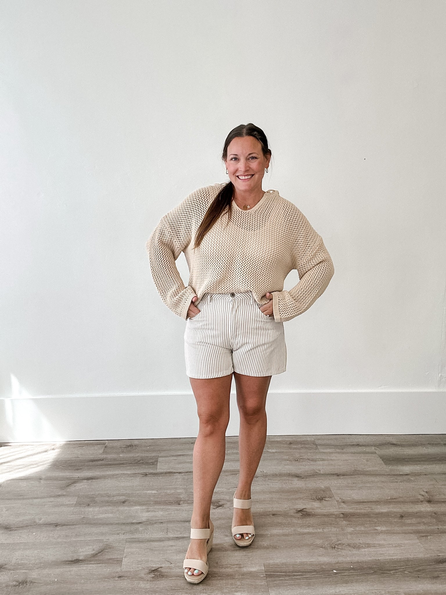 Striped Denim Shorts - Taupe-Shorts- Hometown Style HTS, women's in store and online boutique located in Ingersoll, Ontario