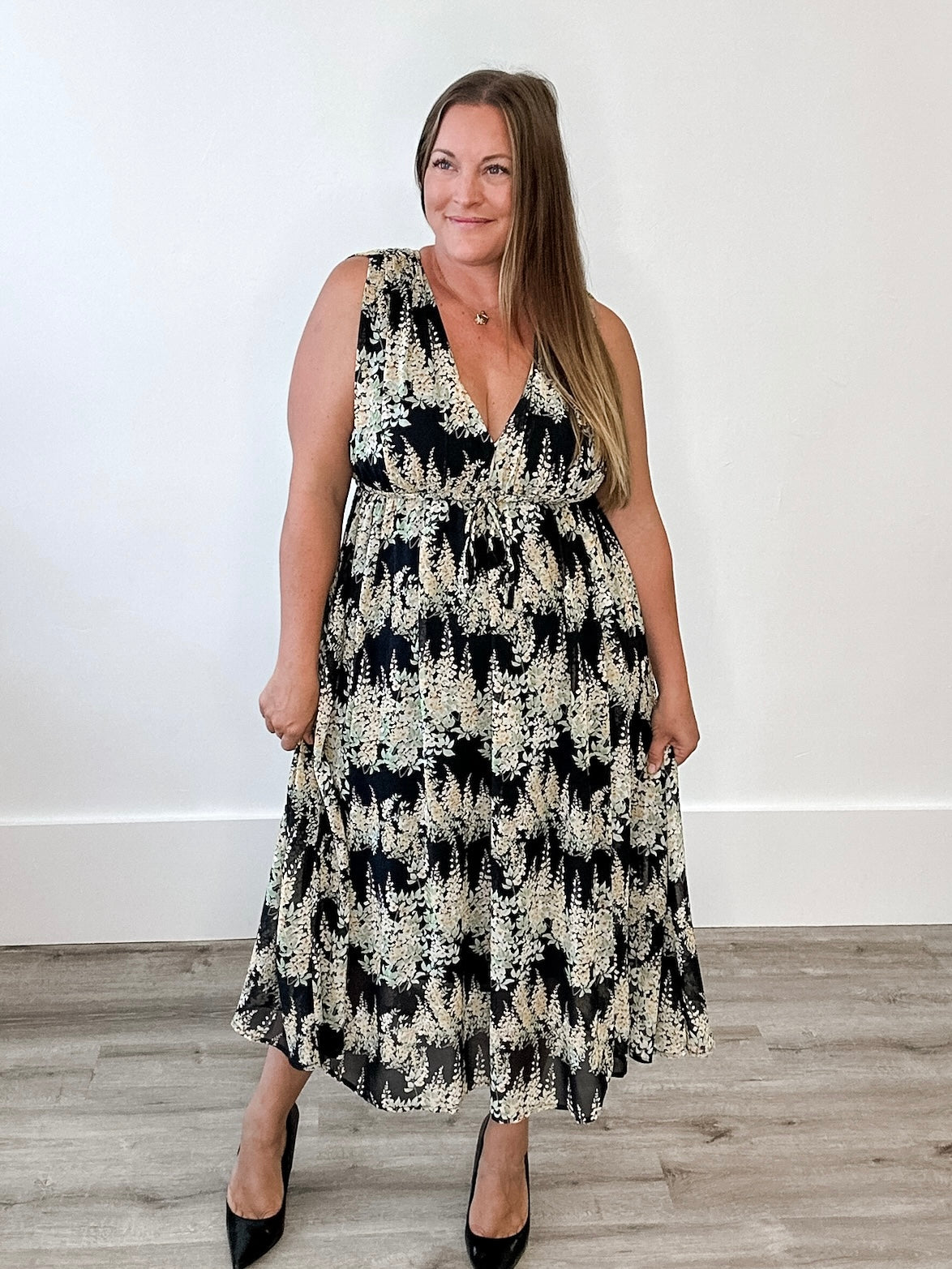 Floral Sleeveless Midi Dress - Black & Yellow-Special Occasion Dress- Hometown Style HTS, women's in store and online boutique located in Ingersoll, Ontario