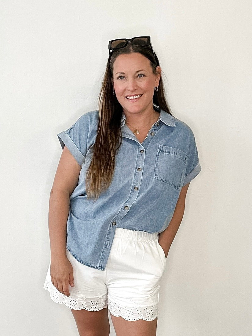Cuff Sleeve Button Up - Denim-casual shirt- Hometown Style HTS, women's in store and online boutique located in Ingersoll, Ontario