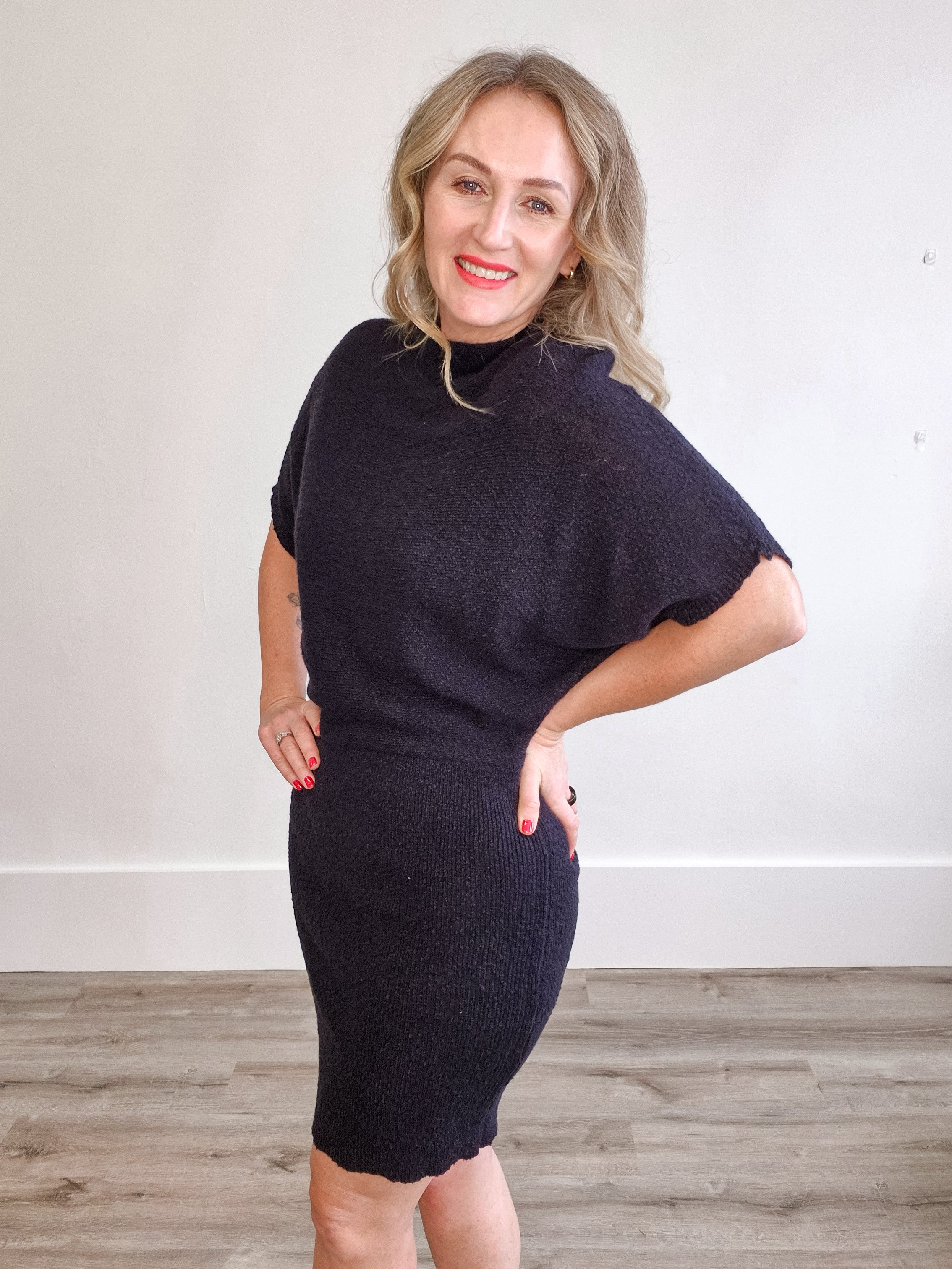 Dolman Sleeve, Knitted Mini Dress - Black-dress- Hometown Style HTS, women's in store and online boutique located in Ingersoll, Ontario