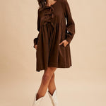 Bow Tie Corduroy Mini Dress - Chocolate-Casual Dresses- Hometown Style HTS, women's in store and online boutique located in Ingersoll, Ontario
