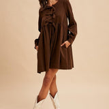 Bow Tie Corduroy Mini Dress - Chocolate-Casual Dresses- Hometown Style HTS, women's in store and online boutique located in Ingersoll, Ontario