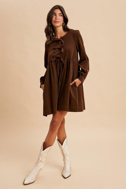Bow Tie Corduroy Mini Dress - Chocolate-Casual Dresses- Hometown Style HTS, women's in store and online boutique located in Ingersoll, Ontario