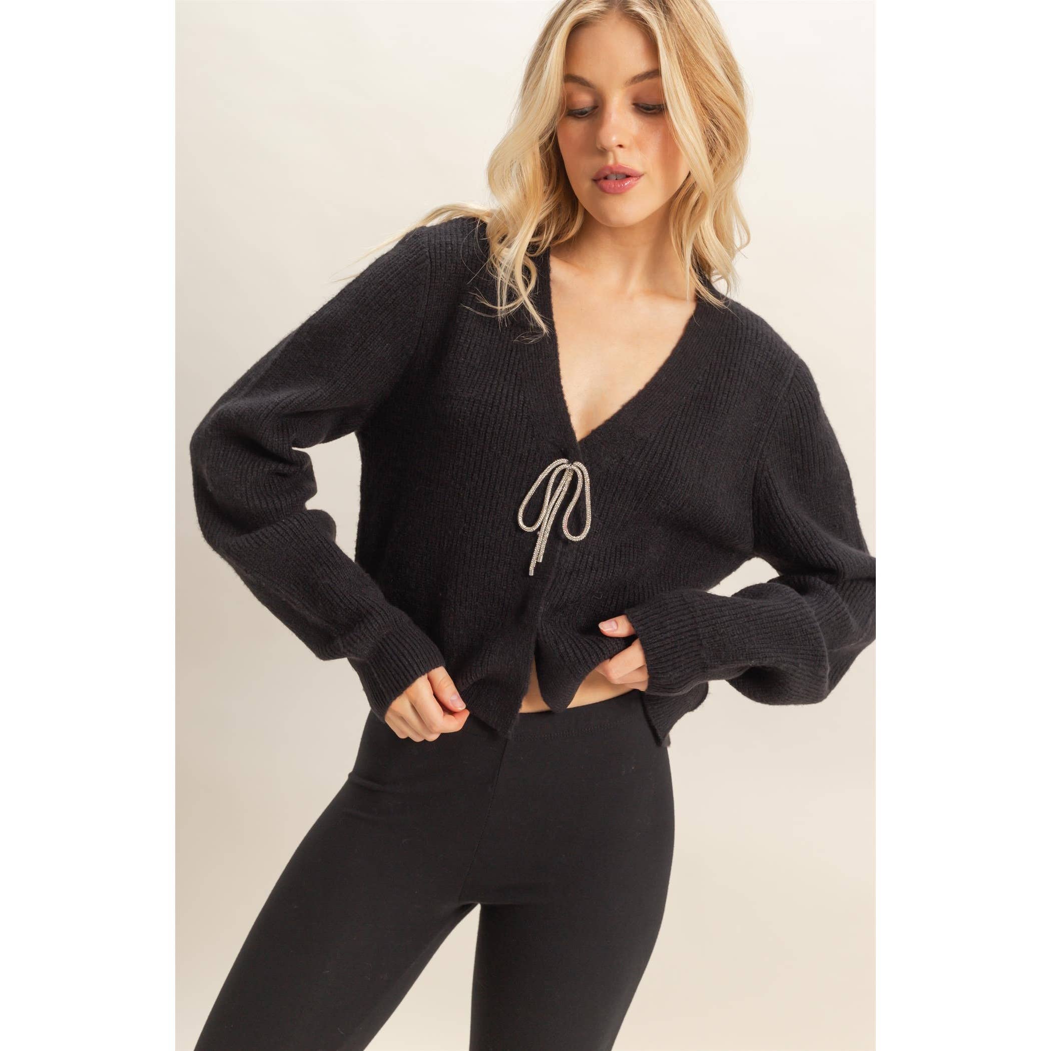 Sparkly Bow Cardigan - Black-cardigan- Hometown Style HTS, women's in store and online boutique located in Ingersoll, Ontario