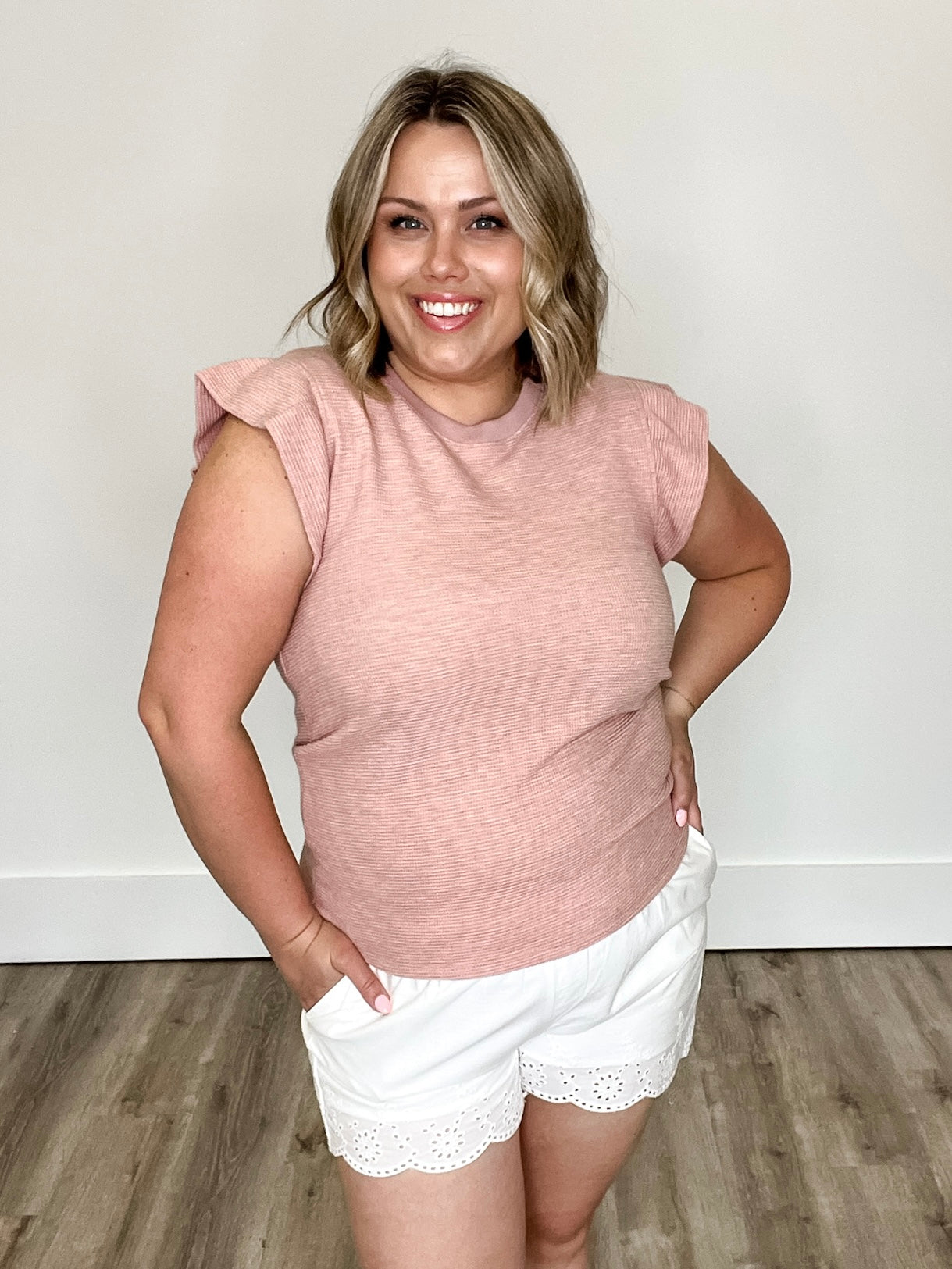 Ruffle Sleeve Waffle Knit Top - Rose-tank- Hometown Style HTS, women's in store and online boutique located in Ingersoll, Ontario