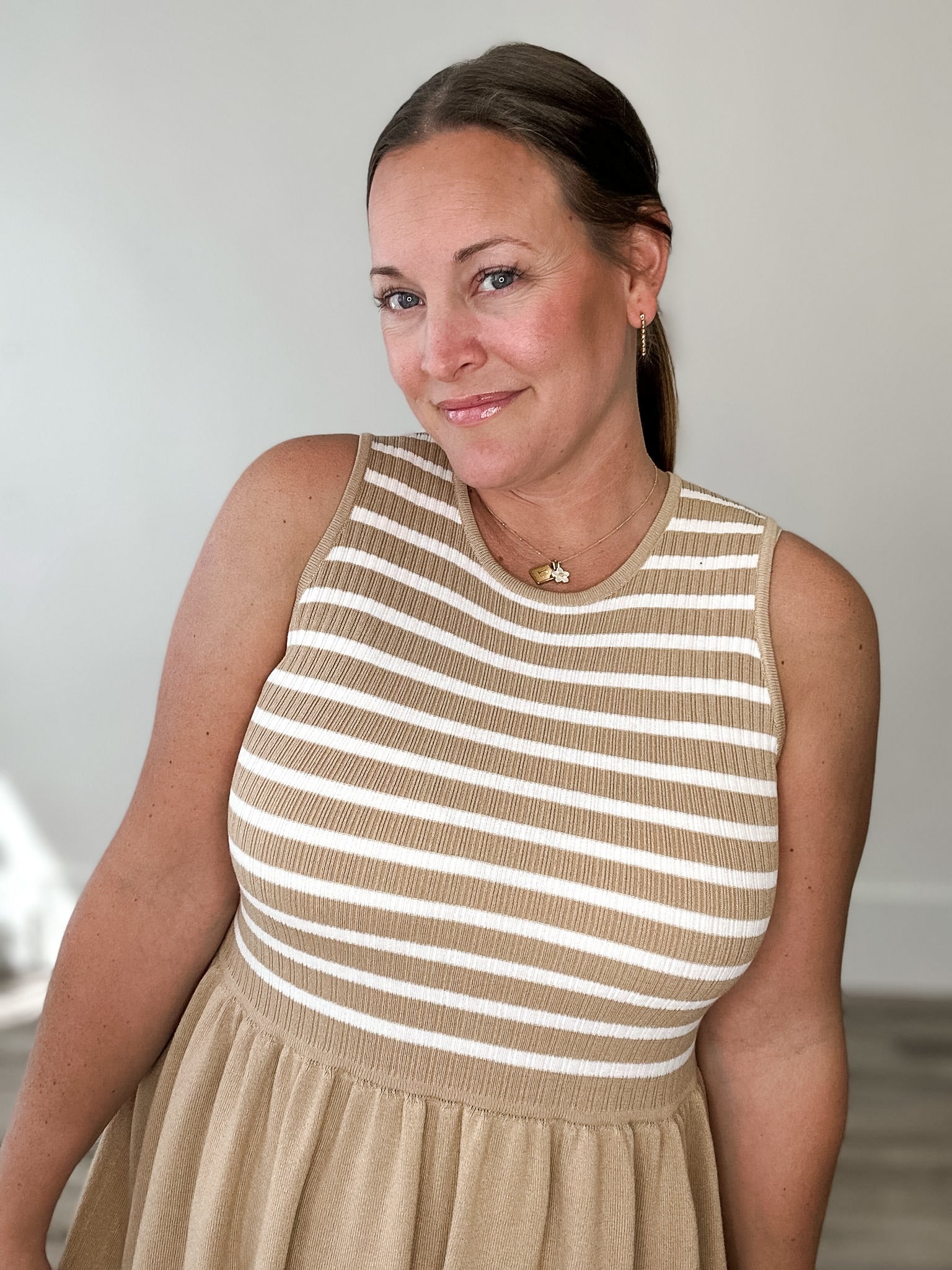 Striped Mini Sweater Tank Dress - Taupe/White-dress- Hometown Style HTS, women's in store and online boutique located in Ingersoll, Ontario
